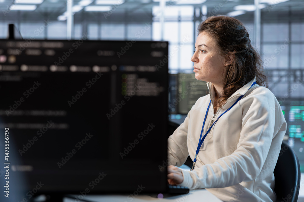 Poster computer scientist in server room implementing power management solutions to reduce energy consumpti
