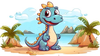 Naklejka premium Colorful Cute Dinosaur in Tropical Land Cartoon Vector Illustration for Children's Book Cover Design