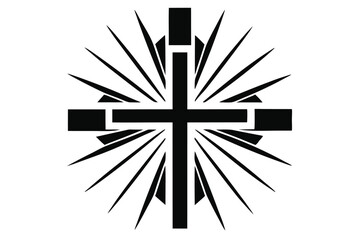 Obraz premium Black cross symbol with radiating lines evokes faith and strength in monochrome simplicity