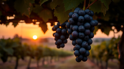 A cluster of ripe dark grapes hangs from a vine in a vineyard at sunset