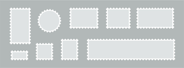 Post stamps empty set. Postal shapes Blank border for mail letter. Collection paper postmarks PNG