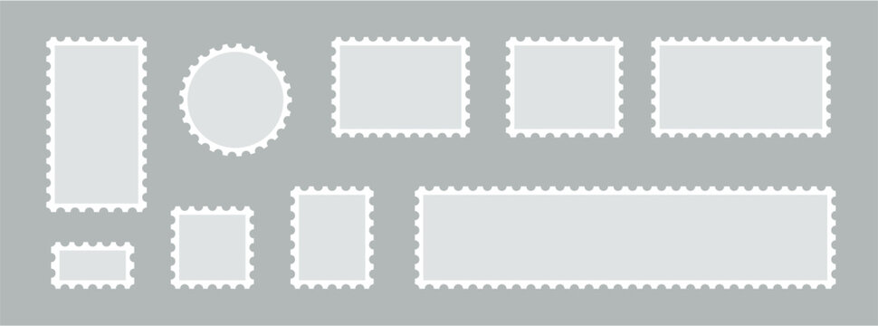 Post stamps empty set. Postal shapes Blank border for mail letter. Collection paper postmarks PNG