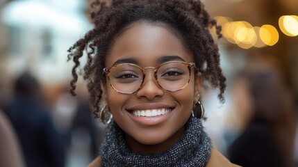 Smiling woman with glasses, dark hair, and a patterned scarf
