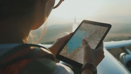 Young woman navigating with a digital tablet on the wing of a small airplane - Powered by Adobe
