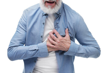 Heart attack. Senior man suffering from pain in chest on white background, closeup