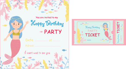 Cute mermaid themed Birthday Party invitation and ticket for kids. Pastel underwater design, cartoon mermaid, sea plants, colorful fish and editable text boxes.Vector illustration.