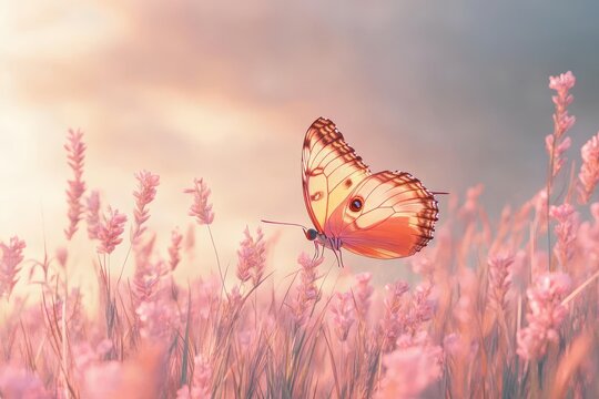 Super slow butterfly fluttering among pink flowers in a Thai pasture at sunset, HDp super slow Thai butterfly in pasture pink flowers Insect outdoor nature