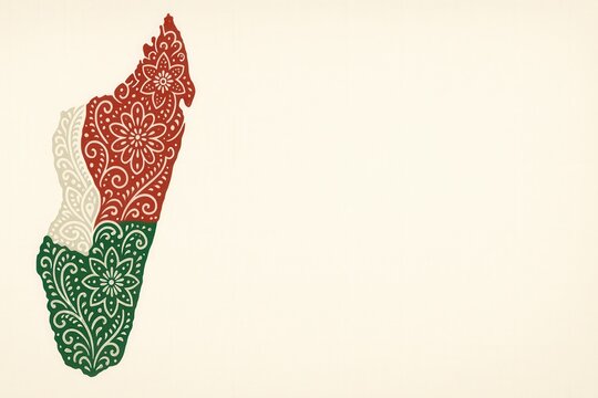 Ornamental map of Madagascar in national colors red, green, and white. Decorative banner concept symbolizing cultural identity, heritage, and celebration of Madagascar Independence Day