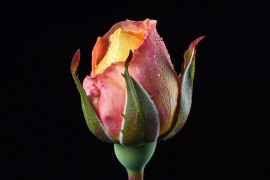 Blooming pink rose flower in closeup timelapse showcasing delicate petals and dewdrops, Blooming rose flower open, closeup Timelapse of pink and yellow rose blossoming