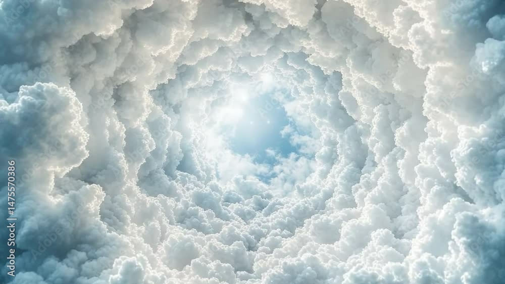Poster celestial vortex: an ethereal vortex of fluffy clouds surrounds a radiant burst of light, evoking a 