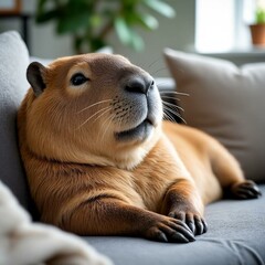 Capybara lounging on a couch. A hilarious and cozy scene showing the world&rsquo;s largest rodent enjoying indoor comfort like a true homebody.