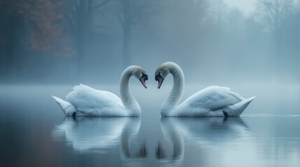 Two white swans form heart on misty water