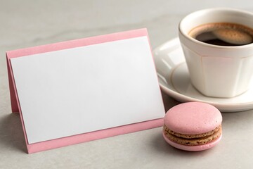 Pink and White Card Mockup &ndash; Styled with Coffee and Macaron for Elegant Presentation.