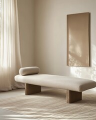 Modern, neutral-toned bench in a minimalist interior design.