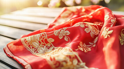 Fototapeta premium Red fabric textile with floral pattern on wood surface