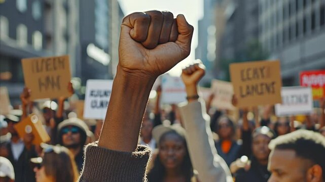 A group of people are protesting and one person is holding up a fist. Scene is one of unity and strength