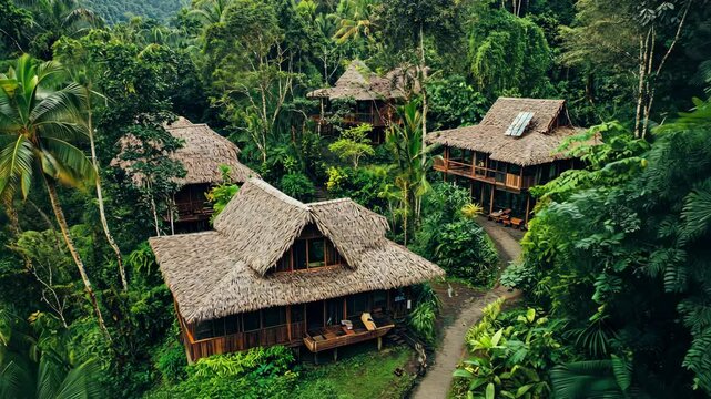 A group of small wooden houses with thatched roofs are nestled in a lush green forest. The houses are arranged in a row, with some closer to the foreground and others further back