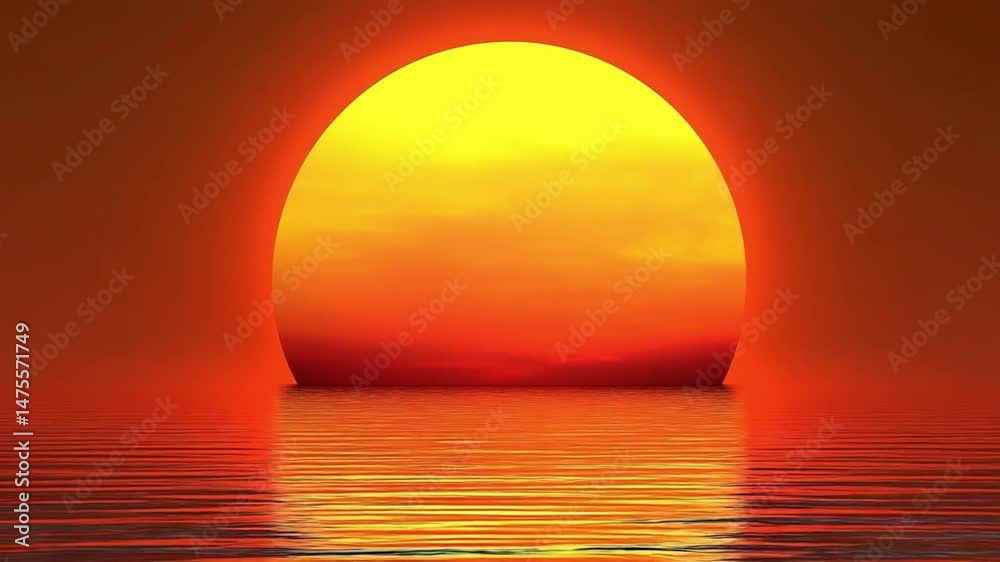 Poster sol's embrace: a breathtaking view of the sun setting over calm water, the fiery orb casting a vibra