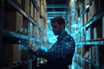 Analyzing data streams with digital icons in a storage facility at night, icons and data processing over caucasian man working in warehouse