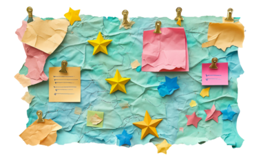 Classroom wall board featuring academic accomplishments of students decorated with shiny gold elements