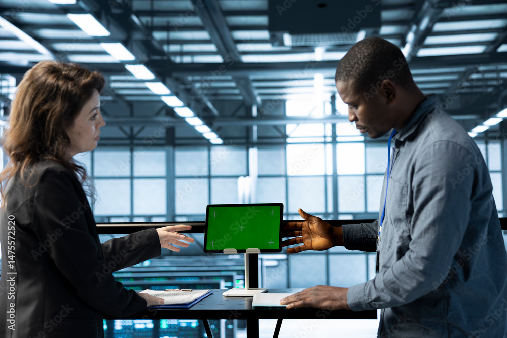 Poster software developers in data center using mockup tablet, observing analytics, reviewing equipment hea