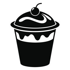 Black silhouette of dessert cup covered with chocolate sauce and cherry on top appears