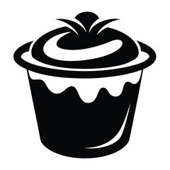 Black design illustrates a pudding dessert inside a cup with topping
