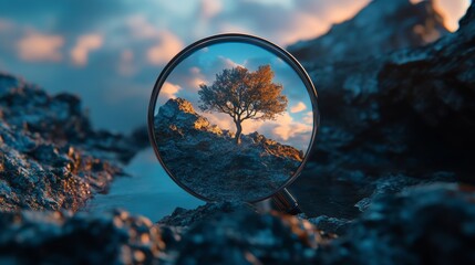 Magnifying glass reflects a solitary tree against a stunning sky at sunset in a rocky landscape