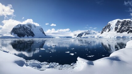 Stunning Antarctic landscape showcasing icebergs and crystal clear waters under a bright blue sky