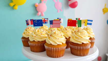 Celebratory cupcakes adorned with international flags. Perfect for global events, cultural festivals, or multicultural themes. Sweet, bright, and visually appealing treat.