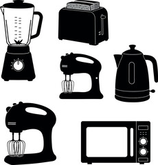 Kitchen appliances blender toaster mixer electric kettle microwave illustration vector 