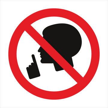 Prohibition sign with red circle and diagonal bar over person gesturing for quiet, asking for silence
