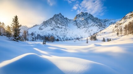 Snow-covered mountains basking in sunlight near a tranquil valley in winter