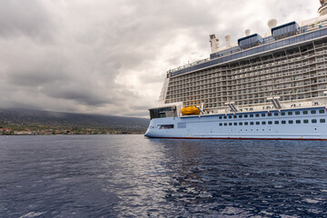 Luxury Cruise Ship Docked Near Kailua-Kona, Hawaii on a Cloudy Day