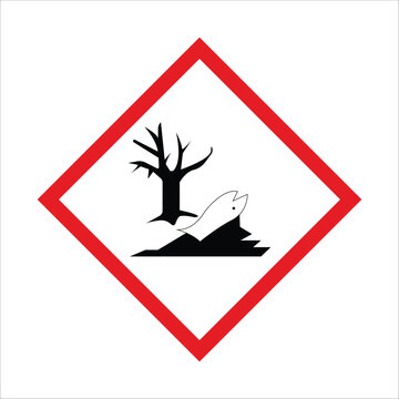 Red and black environmental hazard symbol warning of danger to trees and aquatic organisms