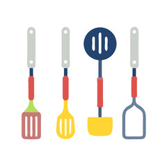 Colorful Kitchen Utensils Set on Black Background Illustration