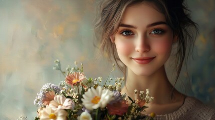 Portrait of a Beautiful Woman with Flowers