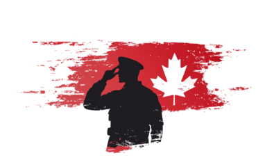 A Canadian soldier in silhouette saluting proudly with the flag fluttering behind, representing national honor