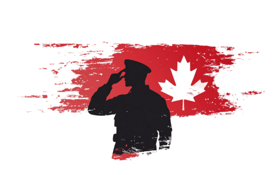 A Canadian soldier in silhouette saluting proudly with the flag fluttering behind, representing national honor