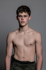 Fototapeta premium Young Male Fitness Model Studio Portrait Serious Expression Athletic Confident Shirtless Groomed Headshot Modern Minimalist Style Healthy Muscular Posed Natural Look Emotion Fashion