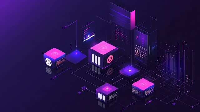 Isometric Data Center Visualization with Glowing Network Connections and Computing Blocks
