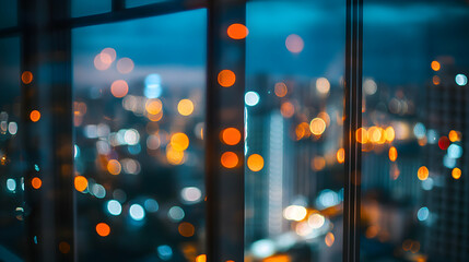 Night city lights viewed through a window with blurred bokeh effect.