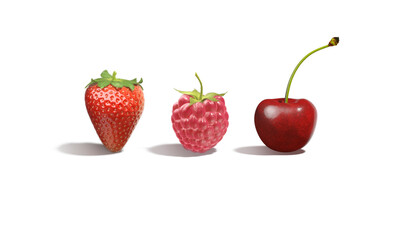 Raspberry, strawberry and cherry berries standing mockup, front view