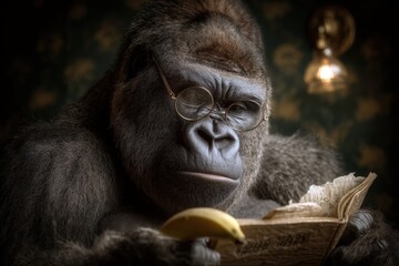Obraz premium Gorilla reading a book while holding a banana in a cozy, dimly lit room