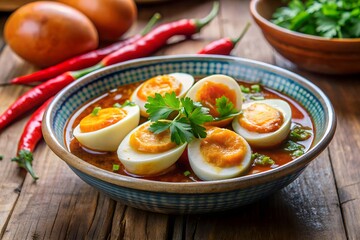 Boiled Eggs In Spicy Gravy On Ceramic Dish