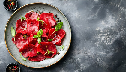 Plate with tasty bresaola on grey table. Space for text