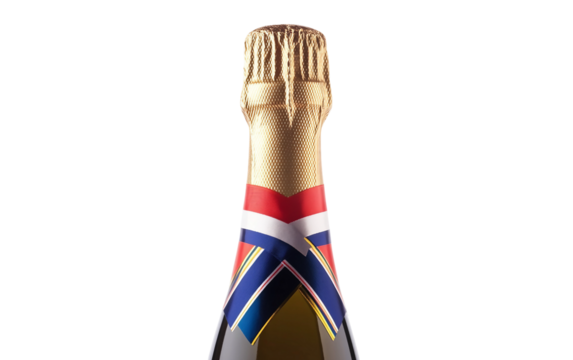 Stylish Champagne Bottle Adorned with a Vibrant Tricolor Ribbon for a Celebratory Look