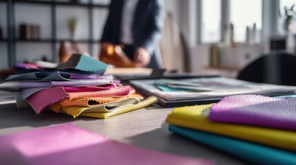 Vibrant leather swatches on desk in bright studio for creative design and fashion projects