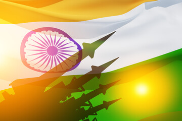 The missiles with Indian flag. Nuclear bomb, chemical weapons, missile defense, a system of salvo fire.