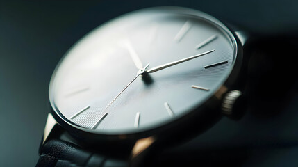 Close-up of a wristwatch showing the time against a dark background.